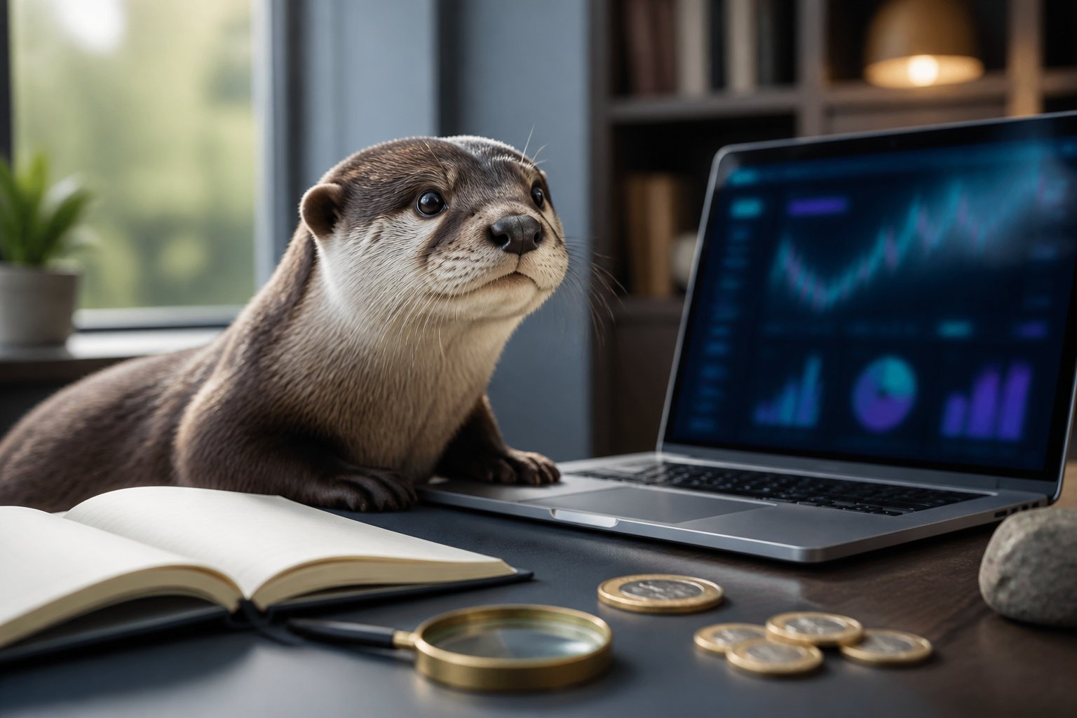 A young otter sits in a modern workspace beside a laptop, notebook, magnifying glass, and generic coins.
