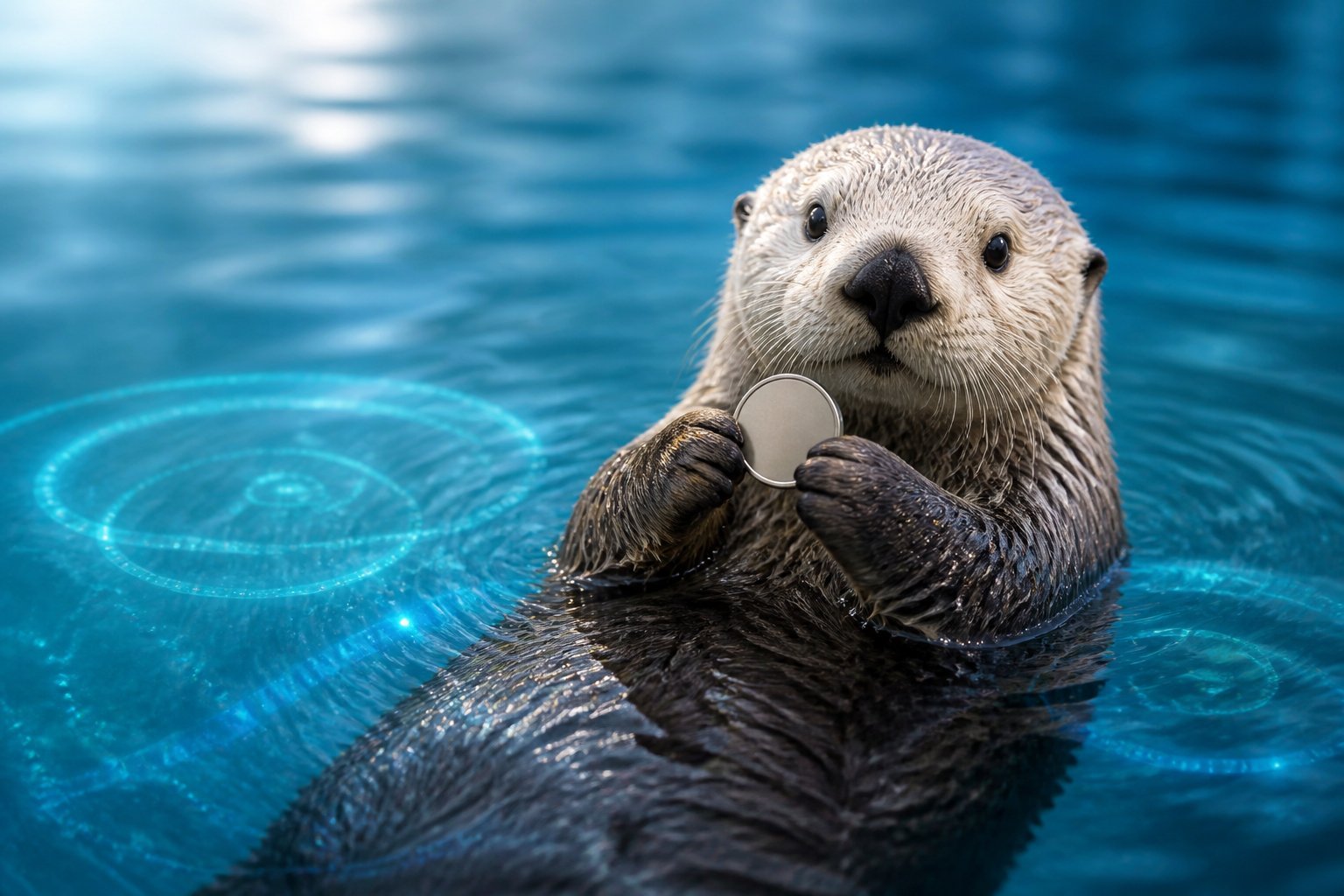 A curious sea otter floating in clear blue water while holding a small coin-like object.