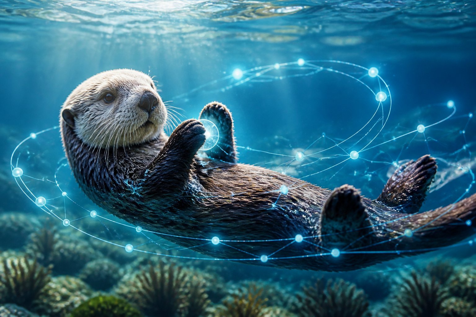 A sea otter floating in clear water surrounded by glowing connected data pathways.
