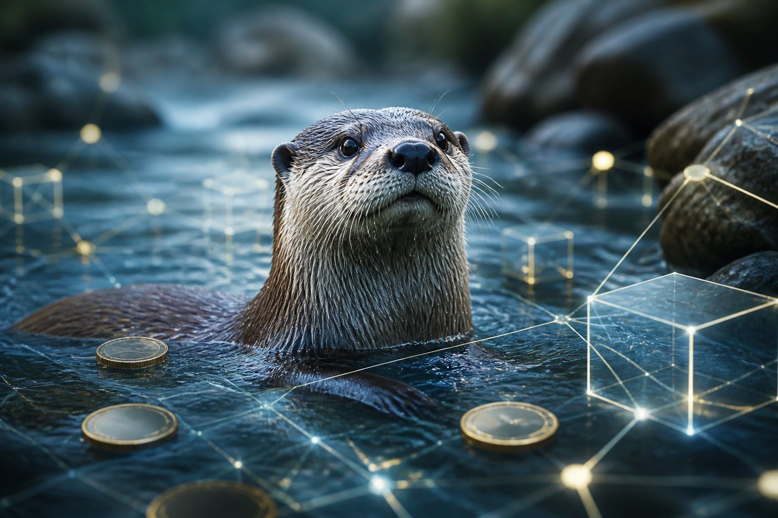 A confident otter floats in a modern stream surrounded by glowing abstract digital network elements and blank coin-like discs.