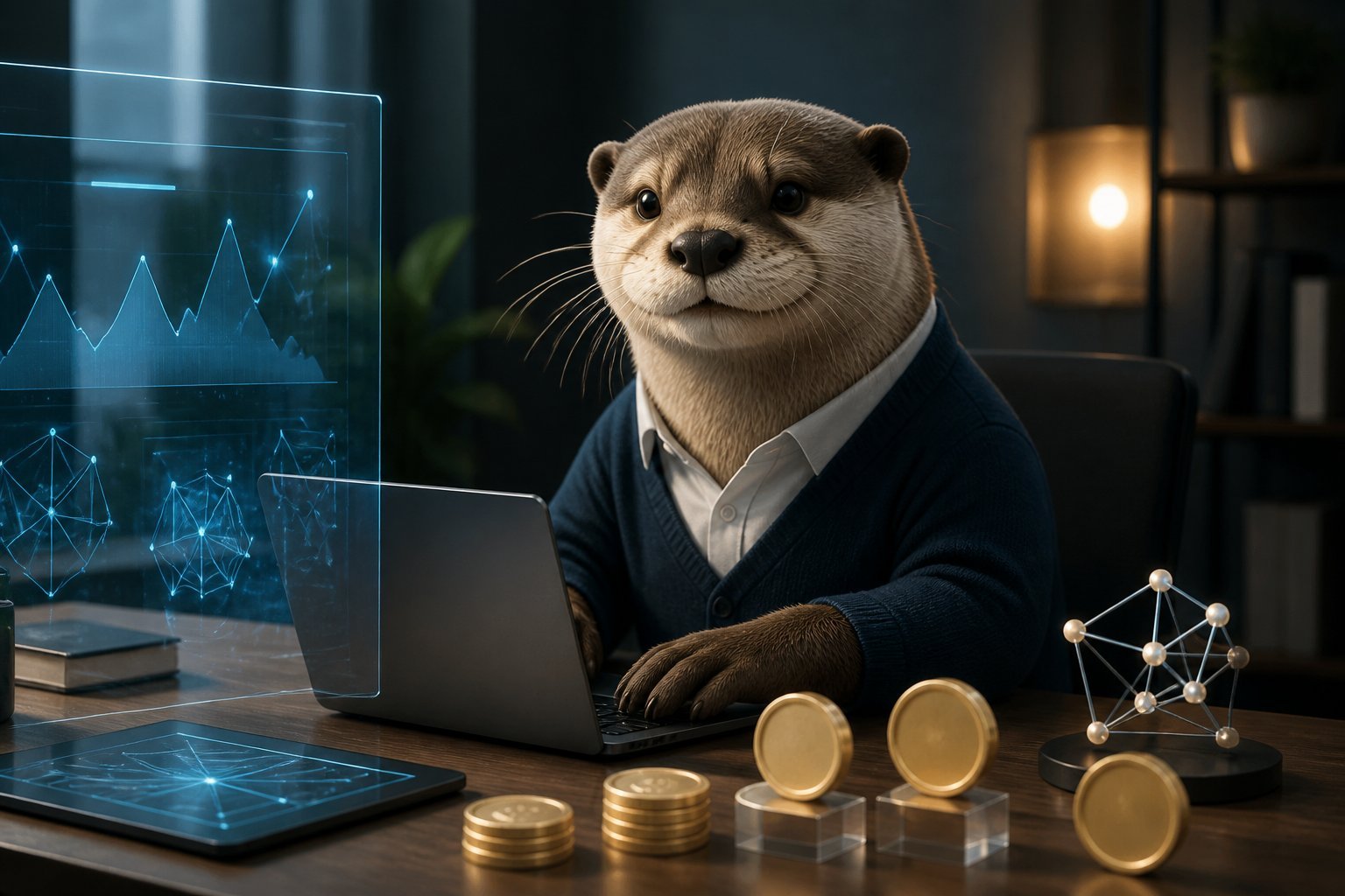 A friendly otter mascot works at a modern desk surrounded by abstract digital finance graphics.