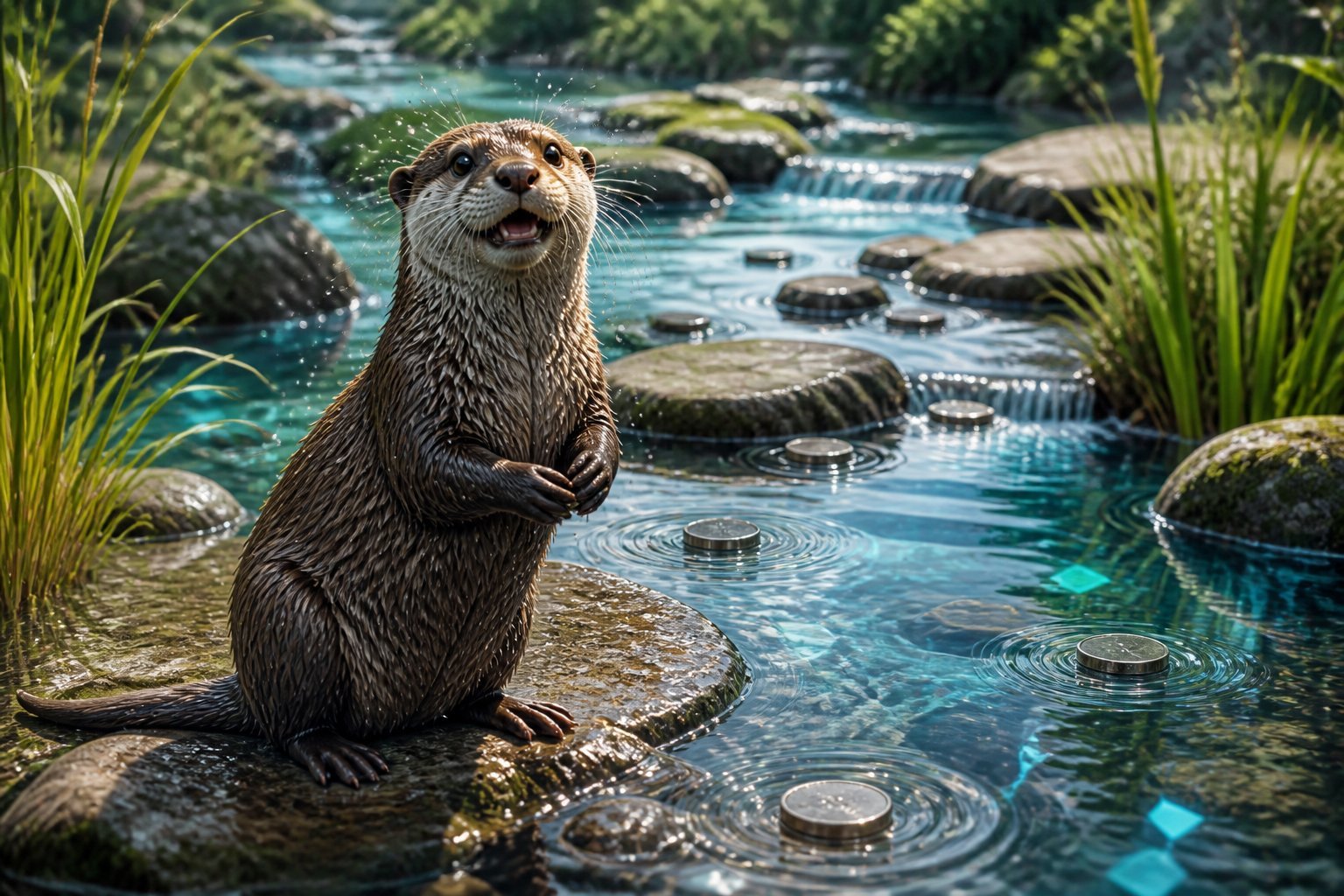 A playful otter stands beside a clear stream surrounded by connected waterways, plants, and small unmarked coins.
