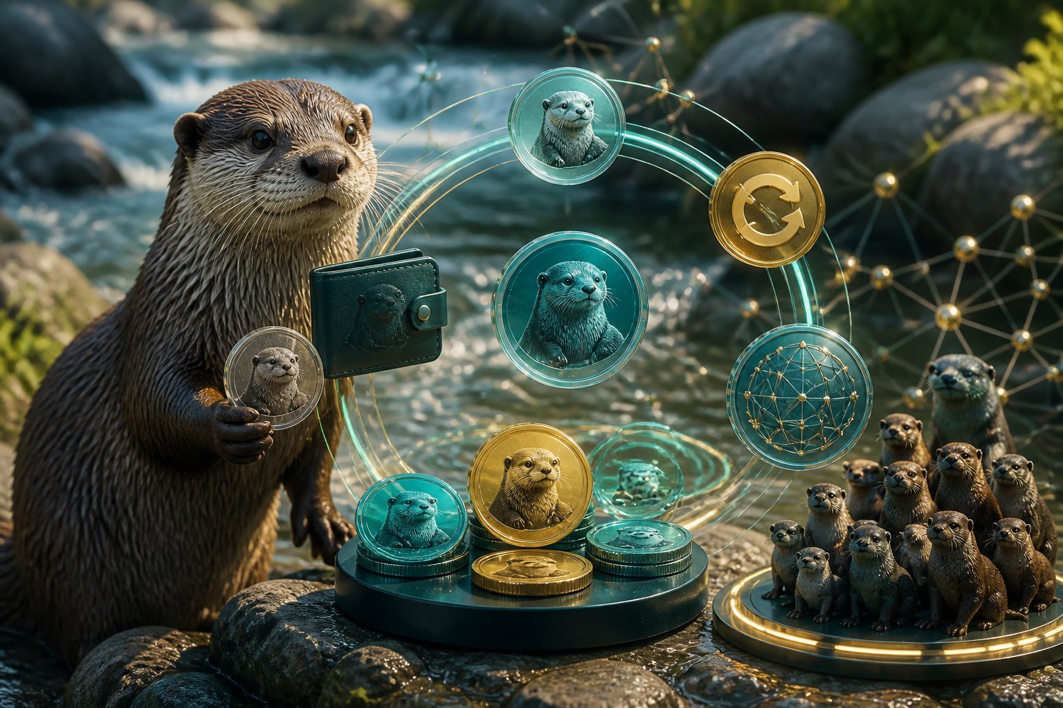 A realistic otter beside a river surrounded by connected coins and network symbols representing a digital token ecosystem.