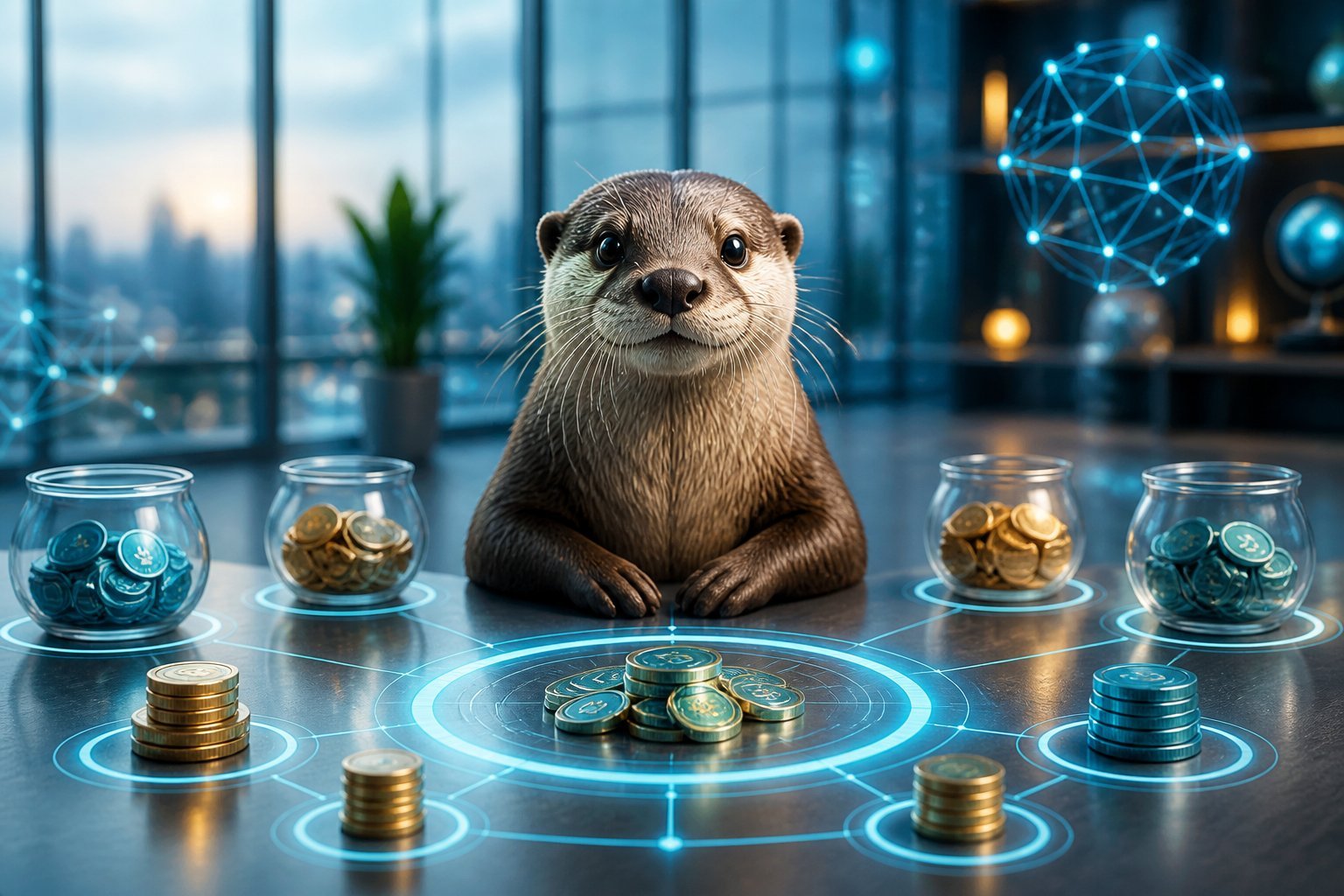 A friendly otter beside grouped cryptocurrency tokens and connected distribution elements on a modern desk.