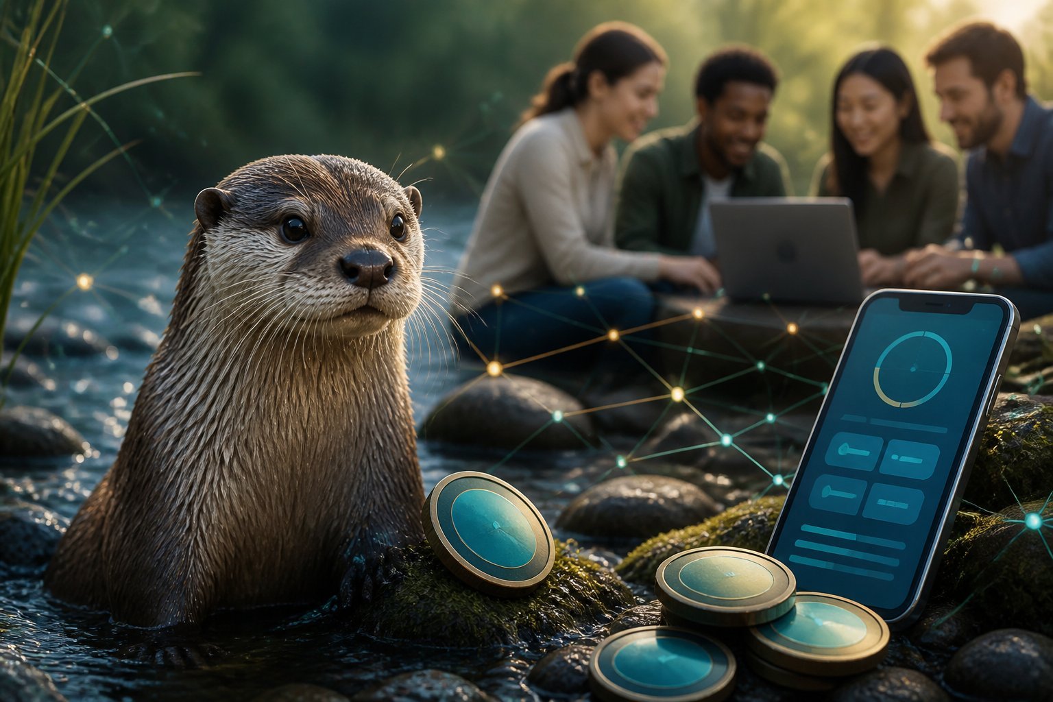 An otter beside a flowing river with digital network symbols, tokens, and people collaborating in the background.