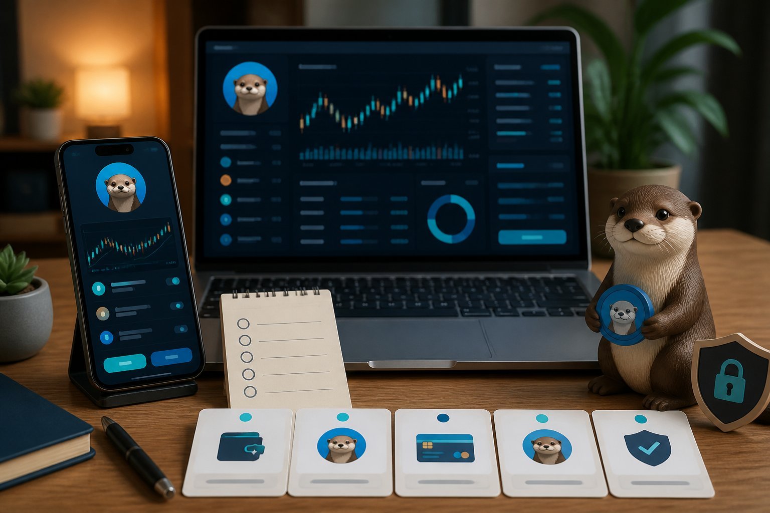 A laptop and smartphone showing abstract cryptocurrency interfaces beside an otter figurine and secure digital wallet symbols.