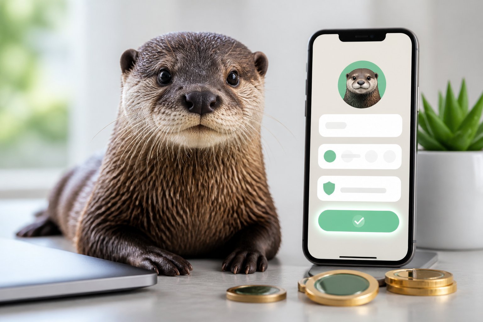 A friendly otter sits beside a smartphone showing a secure digital asset purchase interface.