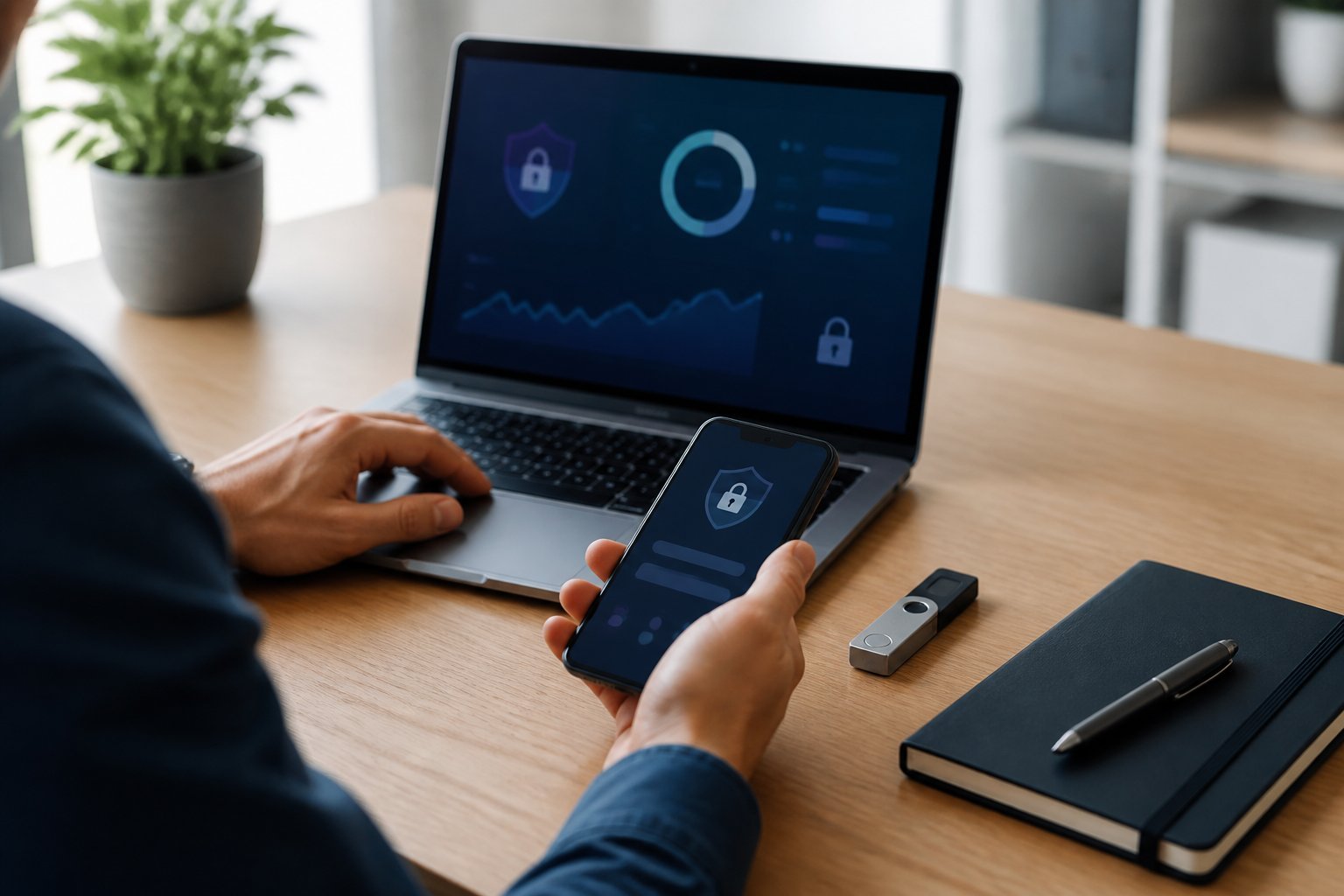 A person prepares a cryptocurrency wallet using a laptop, smartphone, and hardware wallet on a tidy desk.