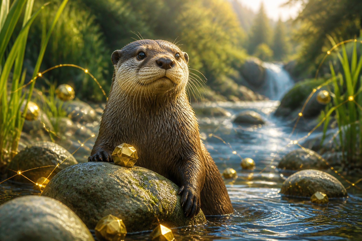 A friendly otter sits beside a sunlit river with subtle glowing lights suggesting a digital network.