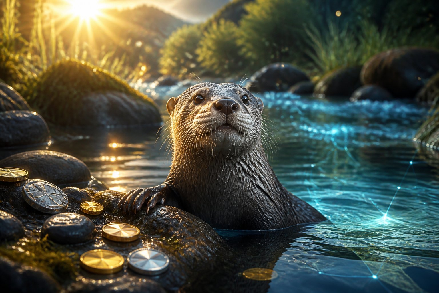A curious river otter emerging from a sunlit stream beside metallic tokens and glowing reflections.