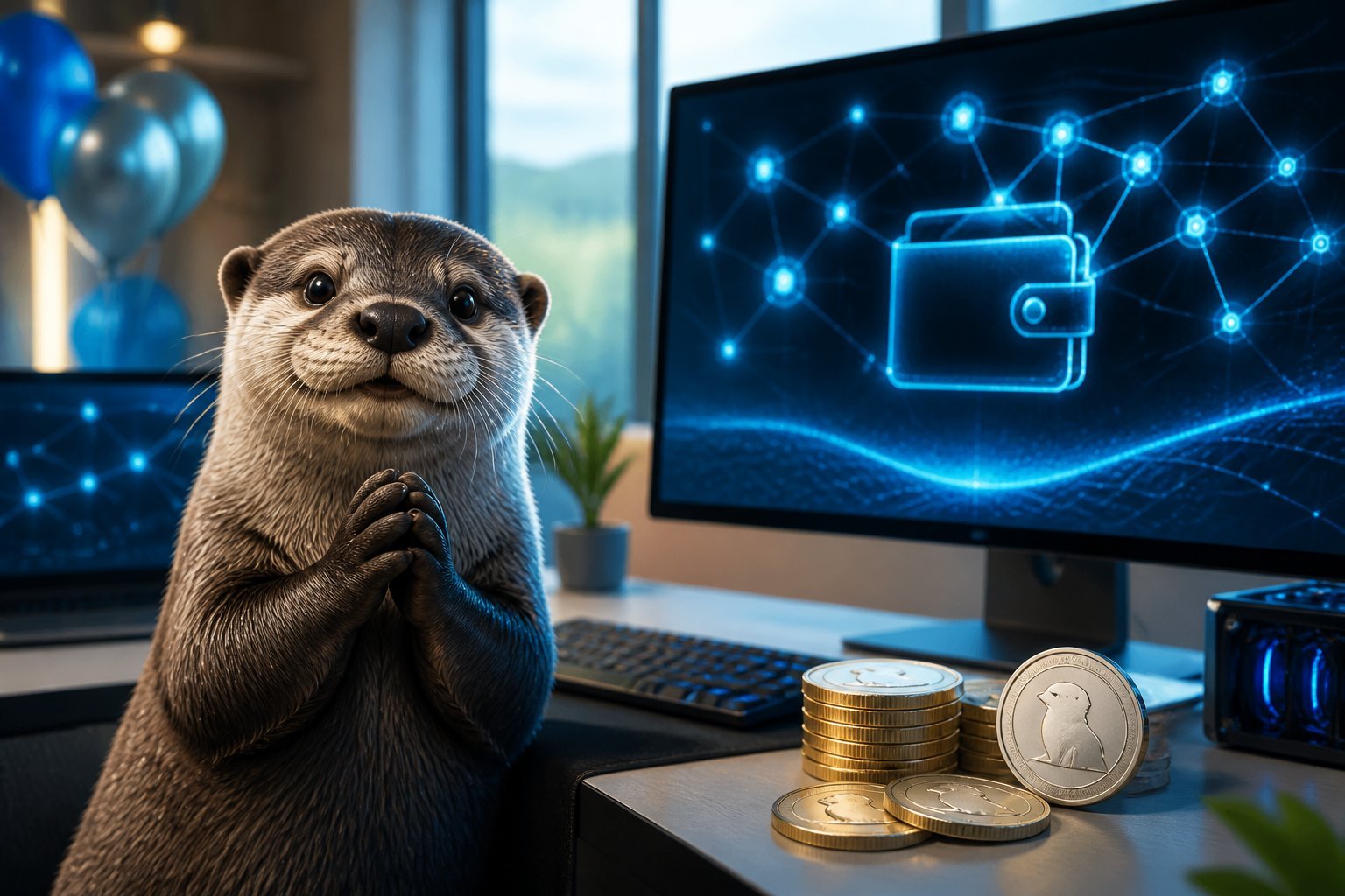 An otter mascot beside a computer showing abstract blockchain graphics and metallic coins in a modern technology studio.