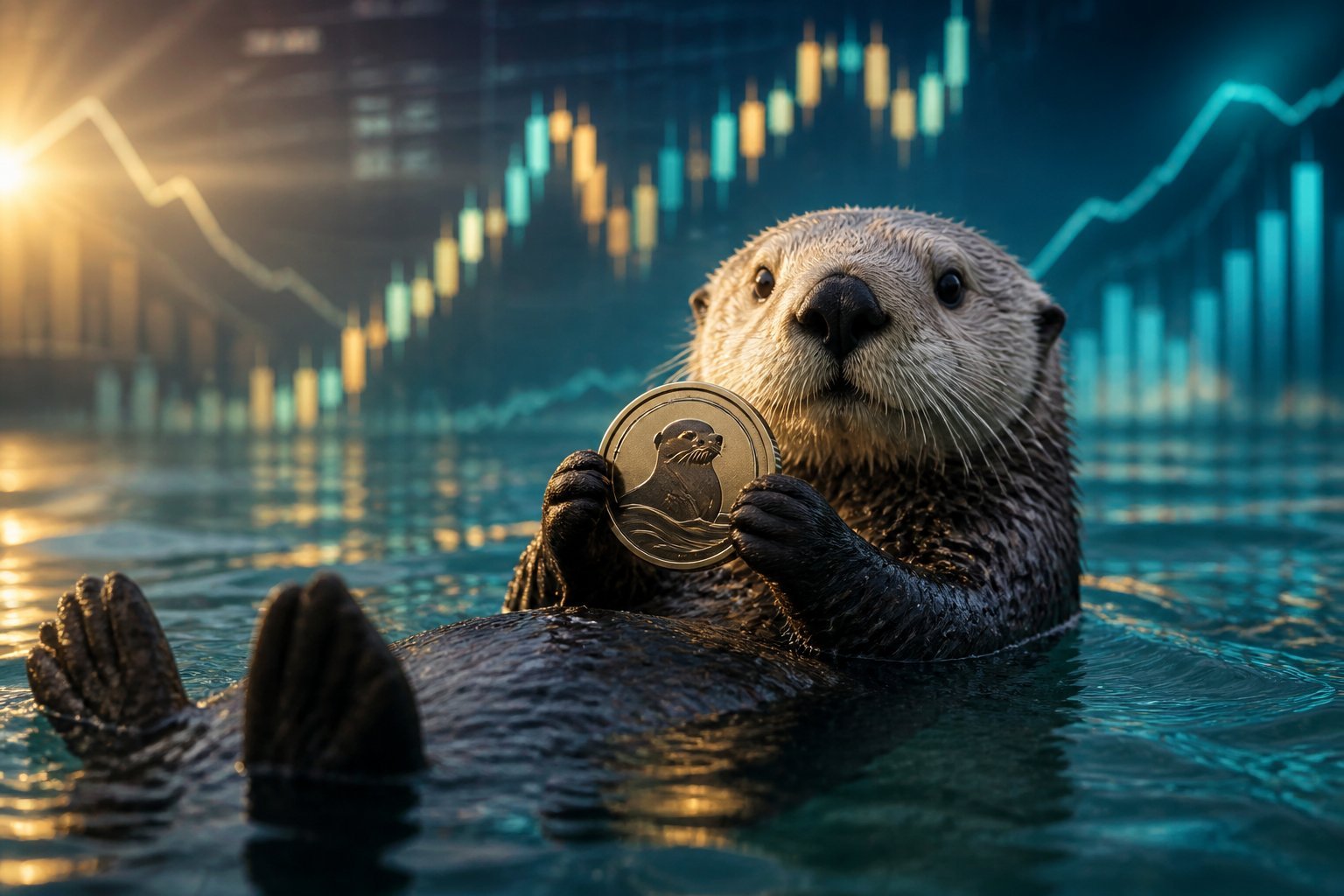 A sea otter floating in water while holding a small coin, with softly blurred market charts in the background.