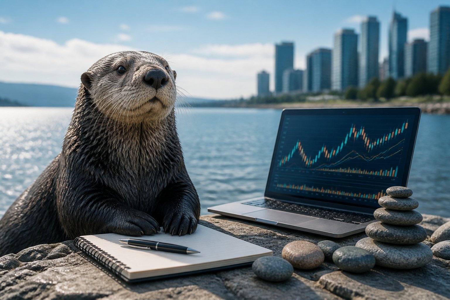 A sea otter beside a laptop showing abstract market charts near a coastal city.
