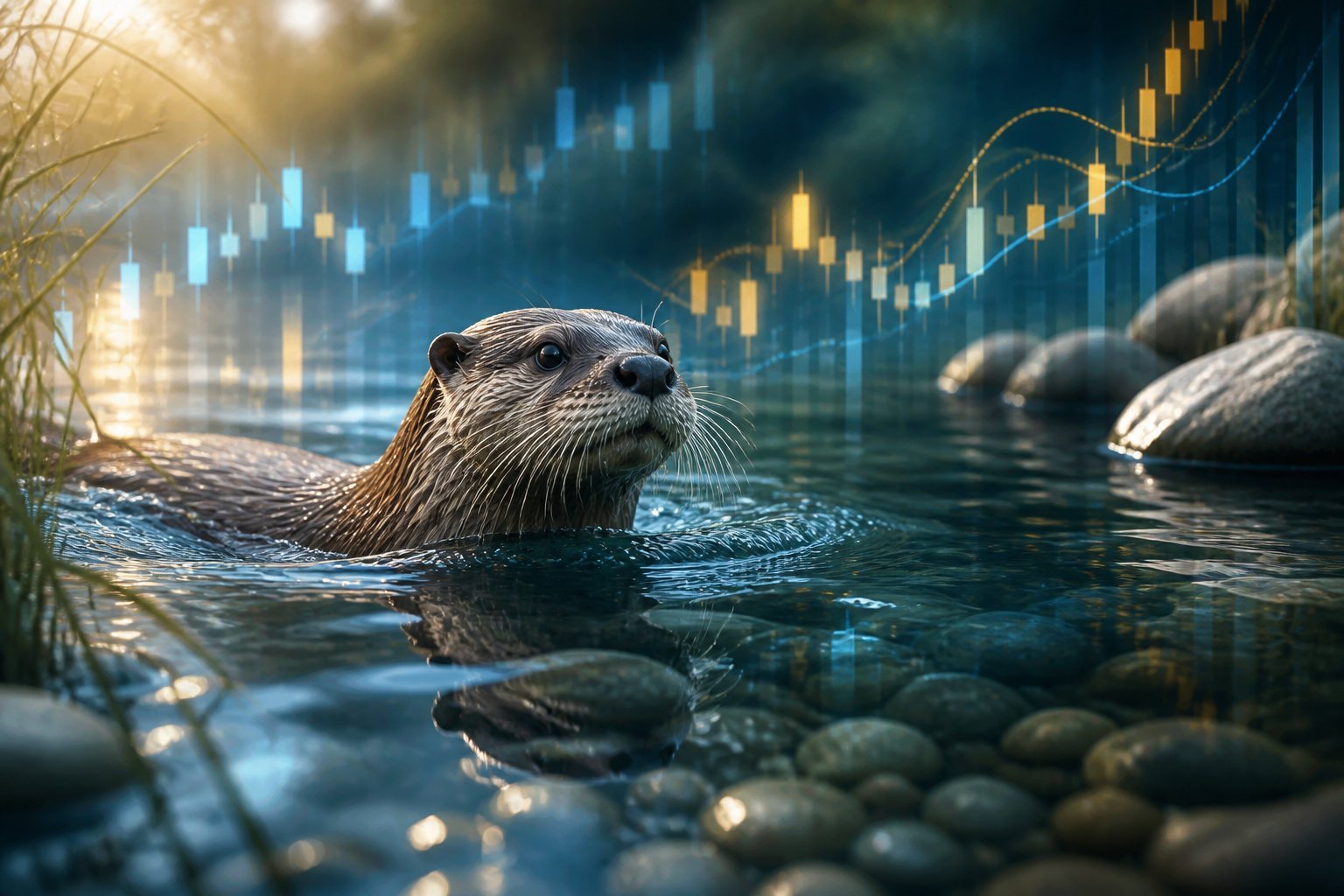 An otter swimming through a clear river with abstract financial market patterns reflected in the water.