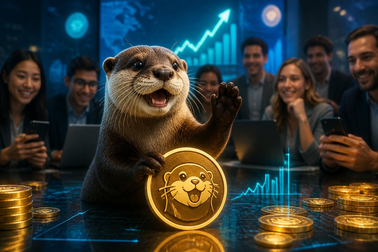 A curious brown otter stands in a modern digital market scene with glowing upward chart lines and blurred people observing in the background.