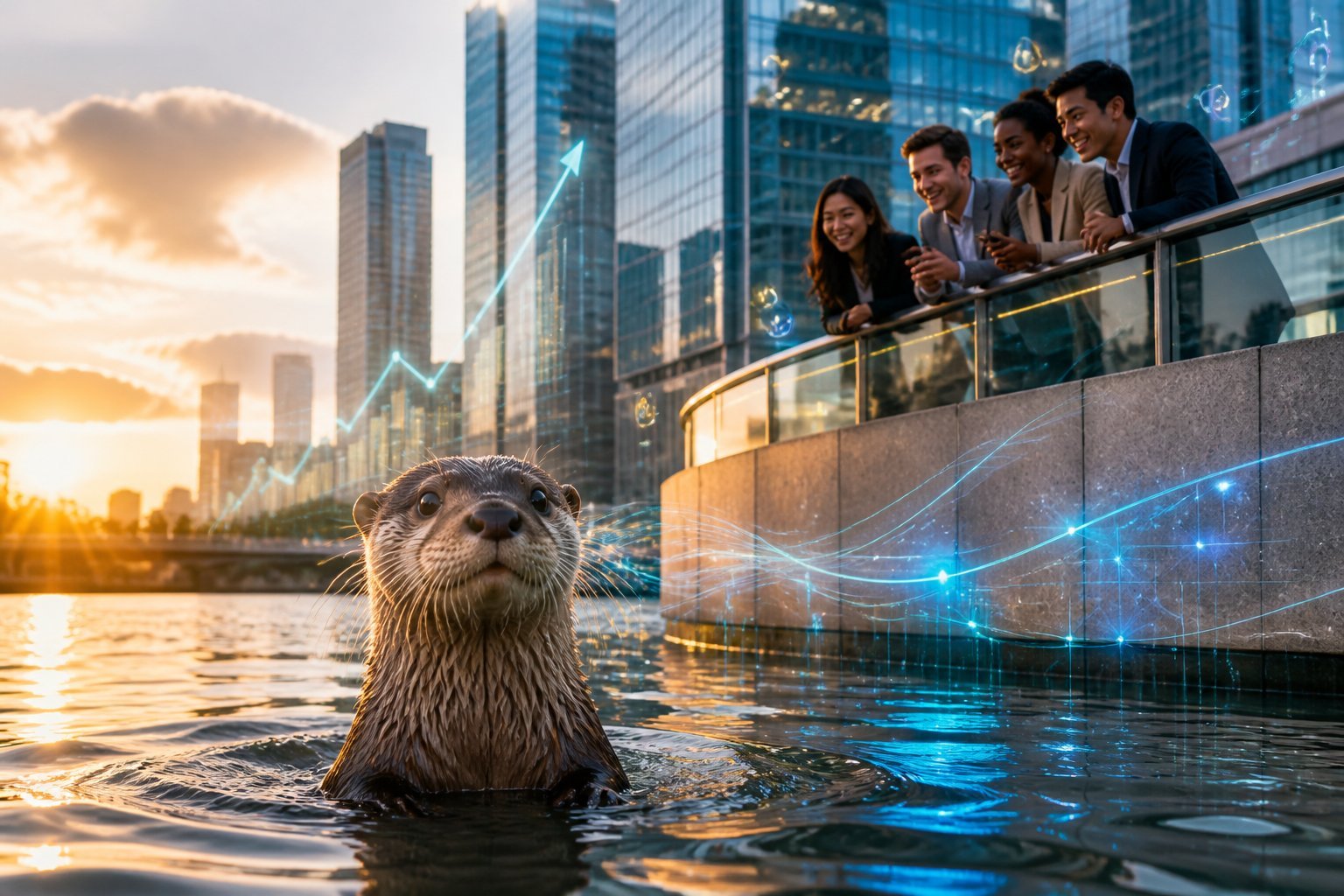 A curious otter swims near a modern city while professionals observe glowing digital market graphics.