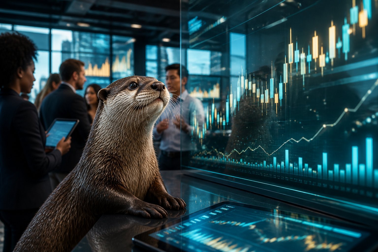 An otter sits at a modern trading desk beside glowing abstract market charts while investors observe in the background.