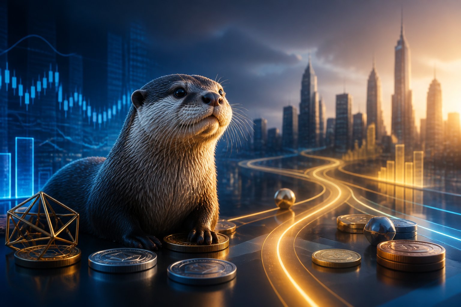 An alert otter stands on a reflective surface beside glowing digital market paths and a futuristic city skyline.