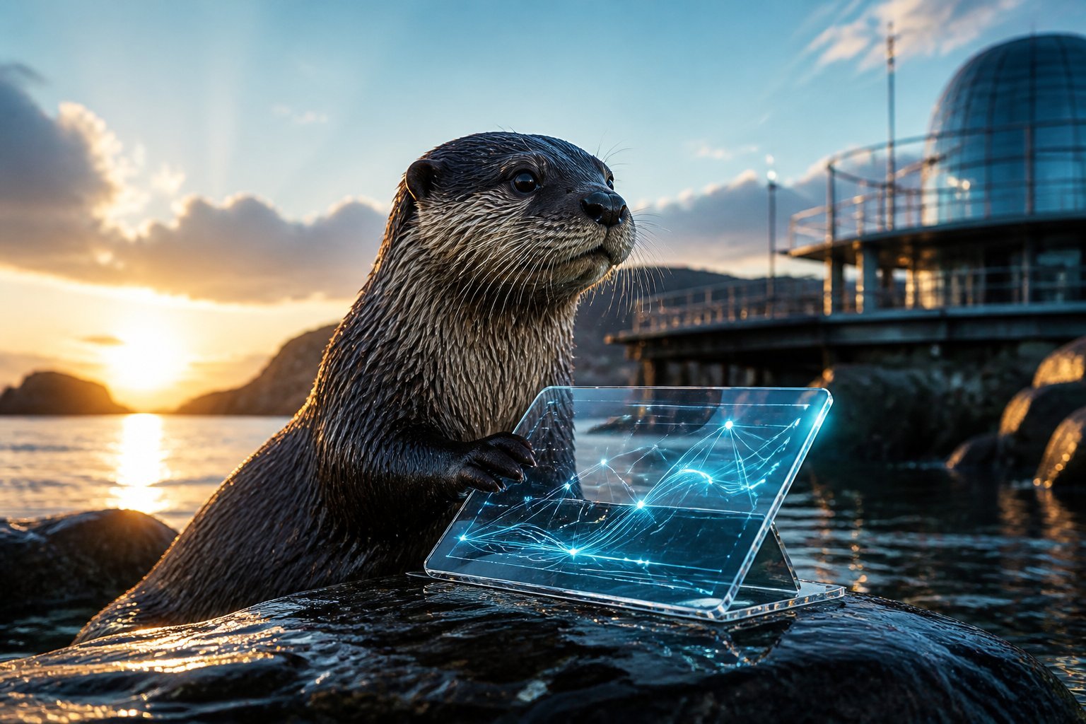 A sea otter beside a glowing glass tablet showing abstract digital connections at sunrise.