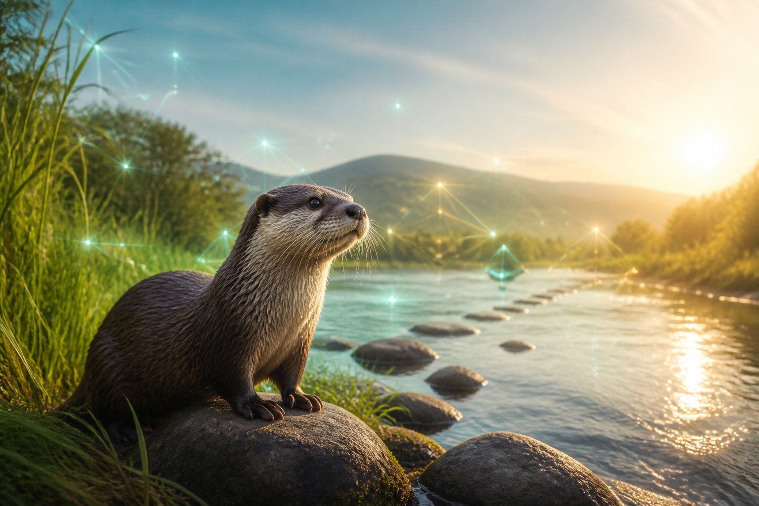 An otter looks toward a sunlit river with green reeds, stepping stones, and distant hills.